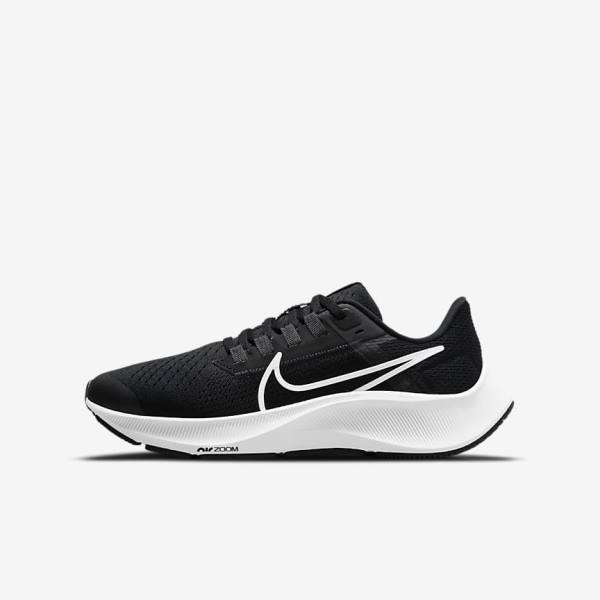 Nike Air Zoom Pegasus 38 Older Straßen Laufschuhe Kinder Schwarz Dunkelgrau Weiß | NK690XGO