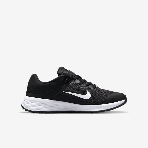 Nike Revolution 6 FlyEase Older Easy On-Off Straßen Laufschuhe Kinder Schwarz Dunkelgrau Weiß | NK167QVJ