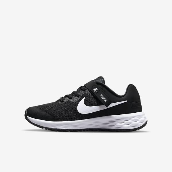 Nike Revolution 6 FlyEase Older Easy On-Off Straßen Laufschuhe Kinder Schwarz Dunkelgrau Weiß | NK167QVJ