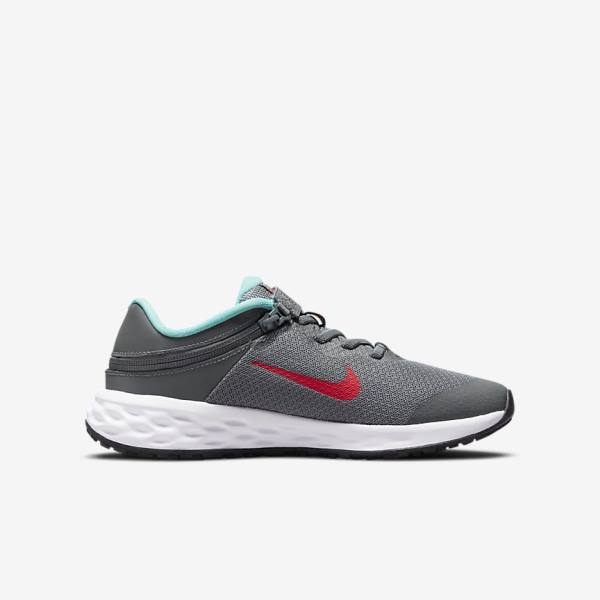 Nike Revolution 6 FlyEase Older Easy On-Off Straßen Laufschuhe Kinder Grau Türkis Rot | NK259WUO