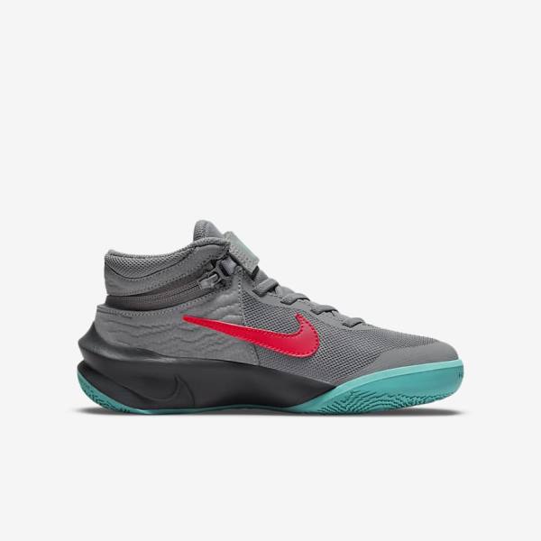 Nike Team Hustle D 10 FlyEase Older Basketballschuhe Kinder Grau Dunkelgrau Türkis Rot | NK157GQE