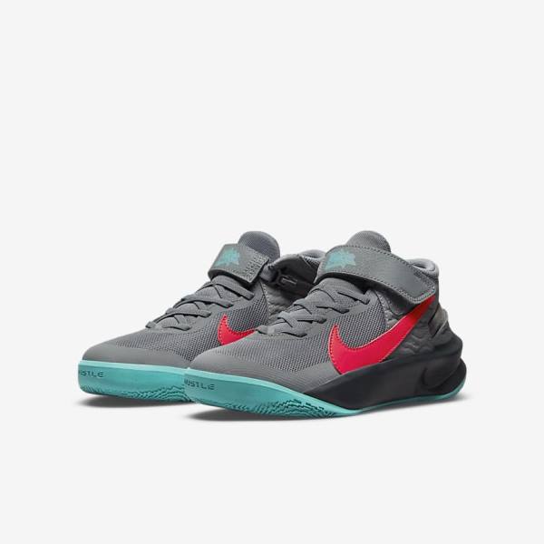 Nike Team Hustle D 10 FlyEase Older Basketballschuhe Kinder Grau Dunkelgrau Türkis Rot | NK157GQE